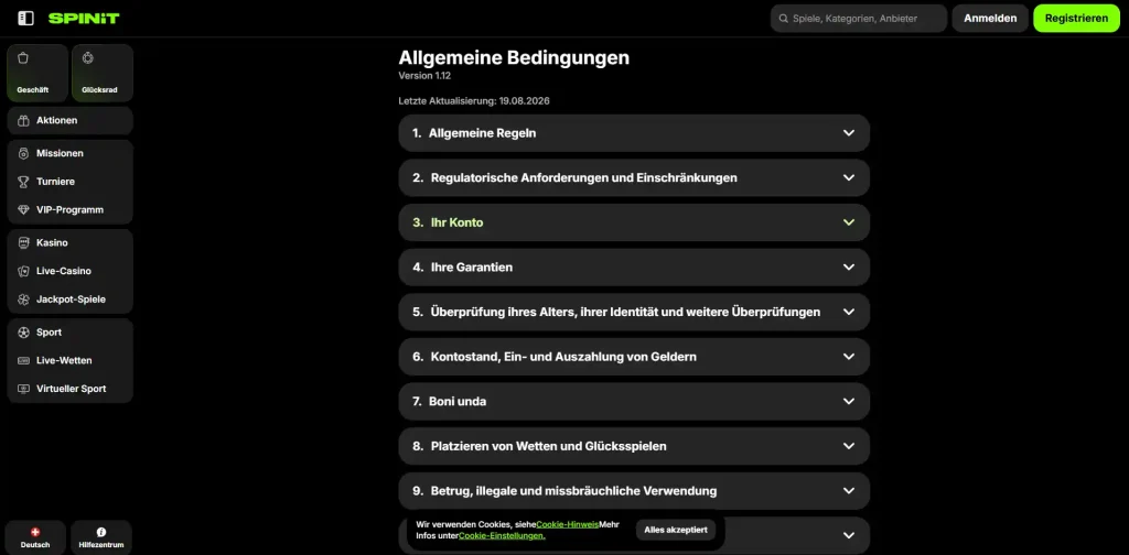 Aktuelle Spinit Bedingungen zur Identitäts- und KYC-Verifizierung