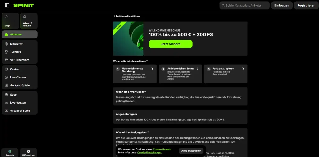 Offizielle Spinit Willkommensbonus-Seite mit den aktuellen Euro-Werten