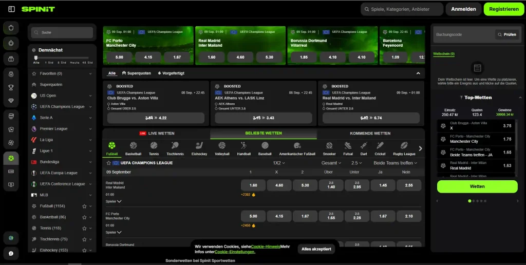Offizielle Spinit Sportwetten und Live-Wetten Oberfläche