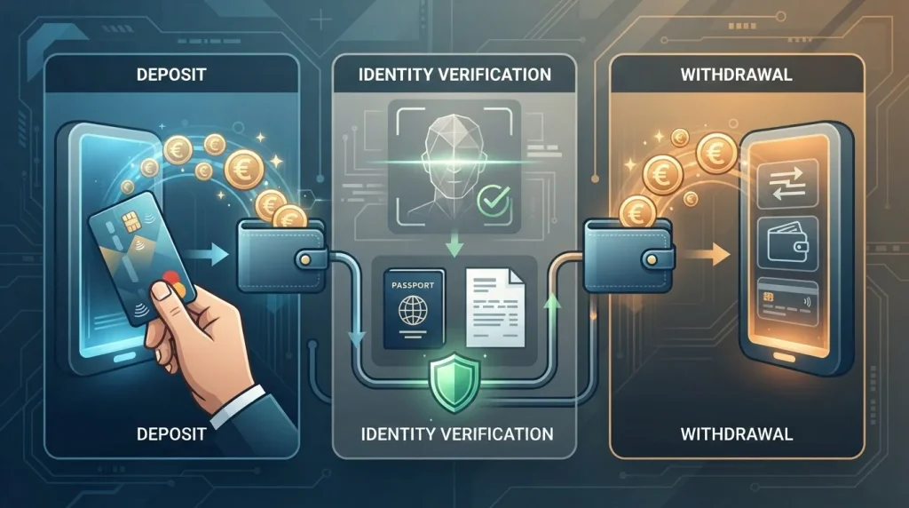 Illustration eines Euro-Zahlungsablaufs von Einzahlung über Verifizierung bis Auszahlung