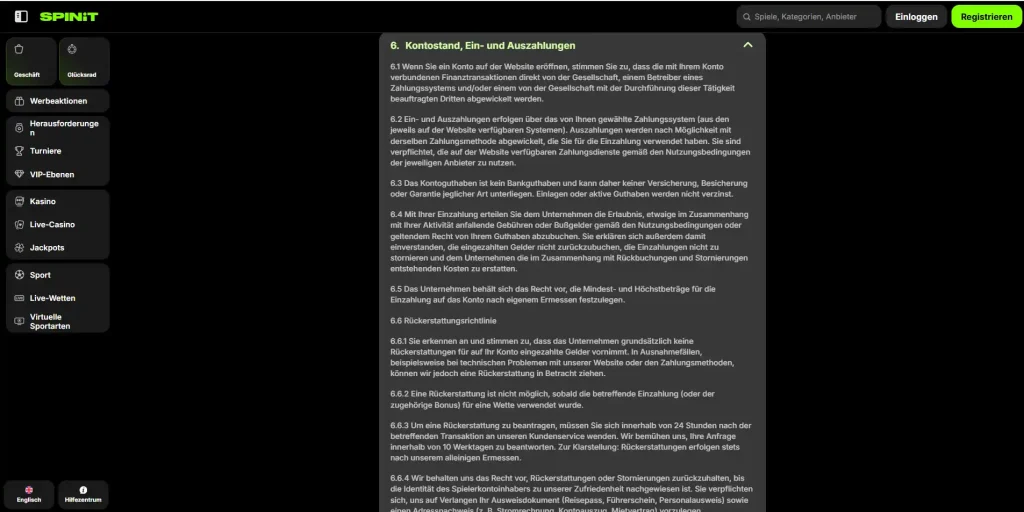 Screenshot der offiziellen Spinit-Auszahlungsbedingungen mit Bearbeitungszeit und EUR-Limits