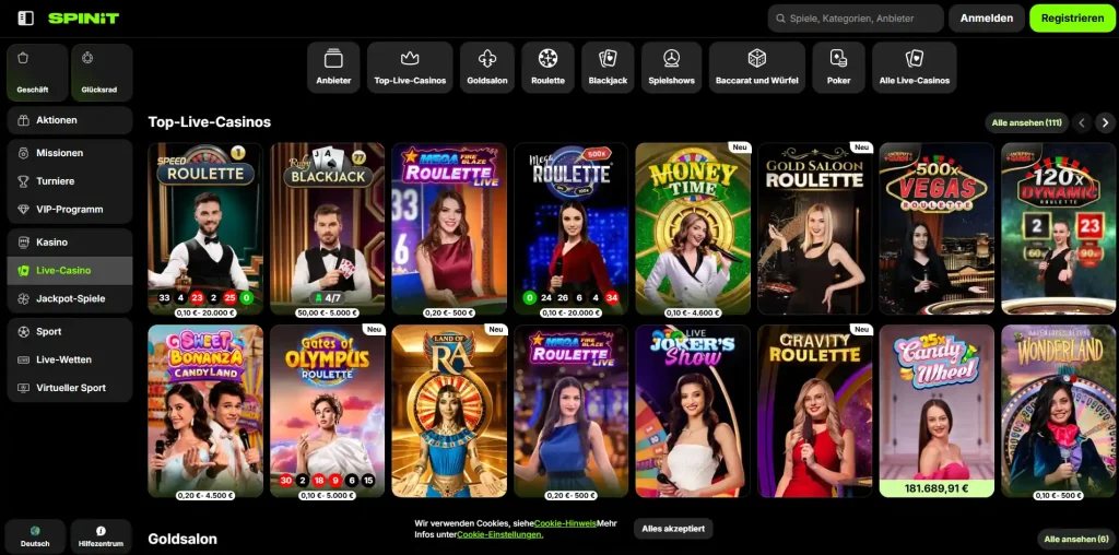 Deutsche Spinit Live-Casino-Lobby mit Roulette, Blackjack und weiteren Kategorien